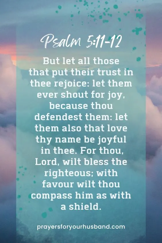 3.Psalm 5:11-12 11 But let all those that put their trust in thee rejoice: let them ever shout for joy, because thou defendest them: let them also that love thy name be joyful in thee. 12 For thou, Lord, wilt bless the righteous; with favour wilt thou compass him as with a shield. 
