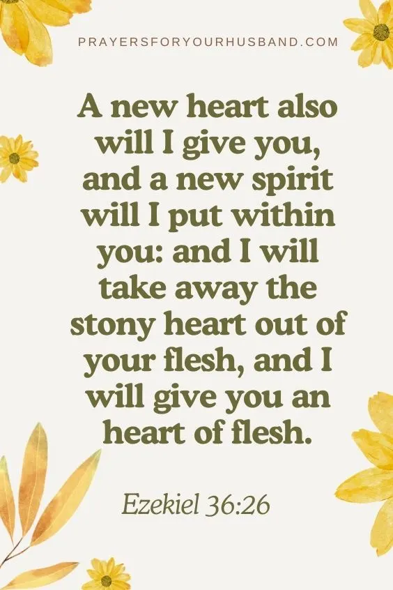 A new heart also will I give you, and a new spirit will I put within you: and I will take away the stony heart out of your flesh, and I will give you an heart of flesh. Ezekiel 36:26