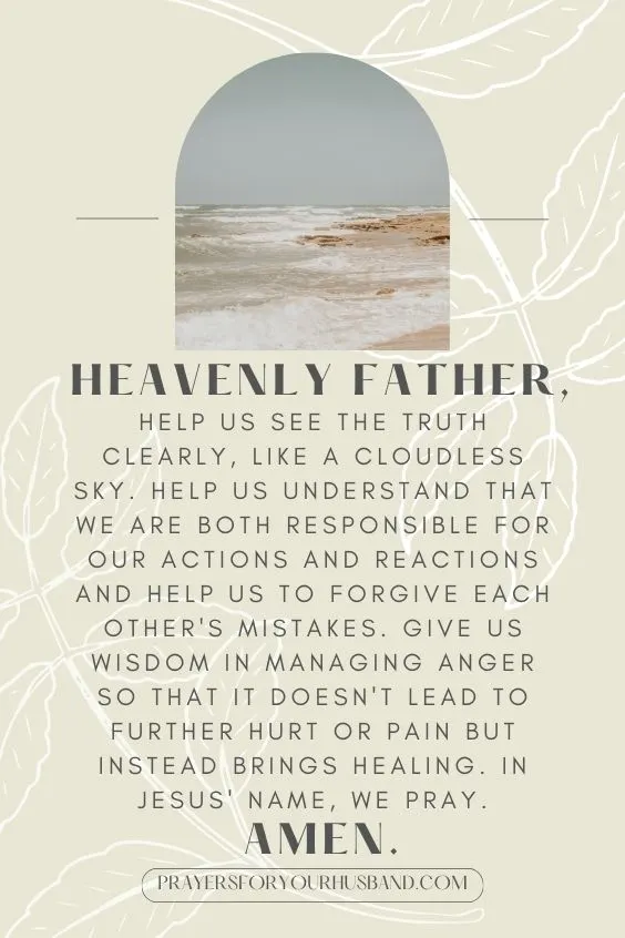  "Heavenly Father, help us see the truth clearly, like a cloudless sky. Help us understand that we are both responsible for our actions and reactions and help us to forgive each other's mistakes. Give us wisdom in managing anger so that it doesn't lead to further hurt or pain but instead brings healing. In Jesus' name, we pray. Amen."