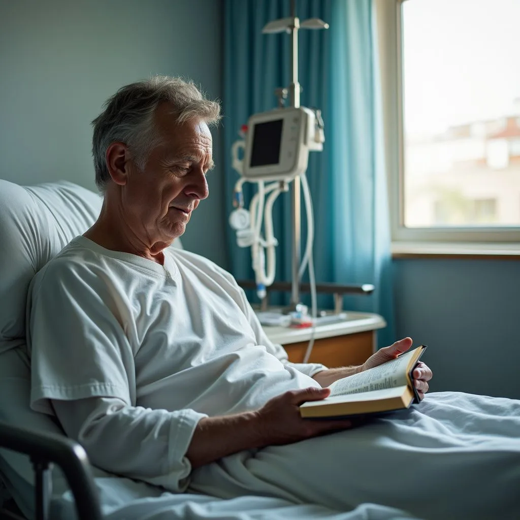 A contemplative man sits on a hospital bed, reading a Bible.