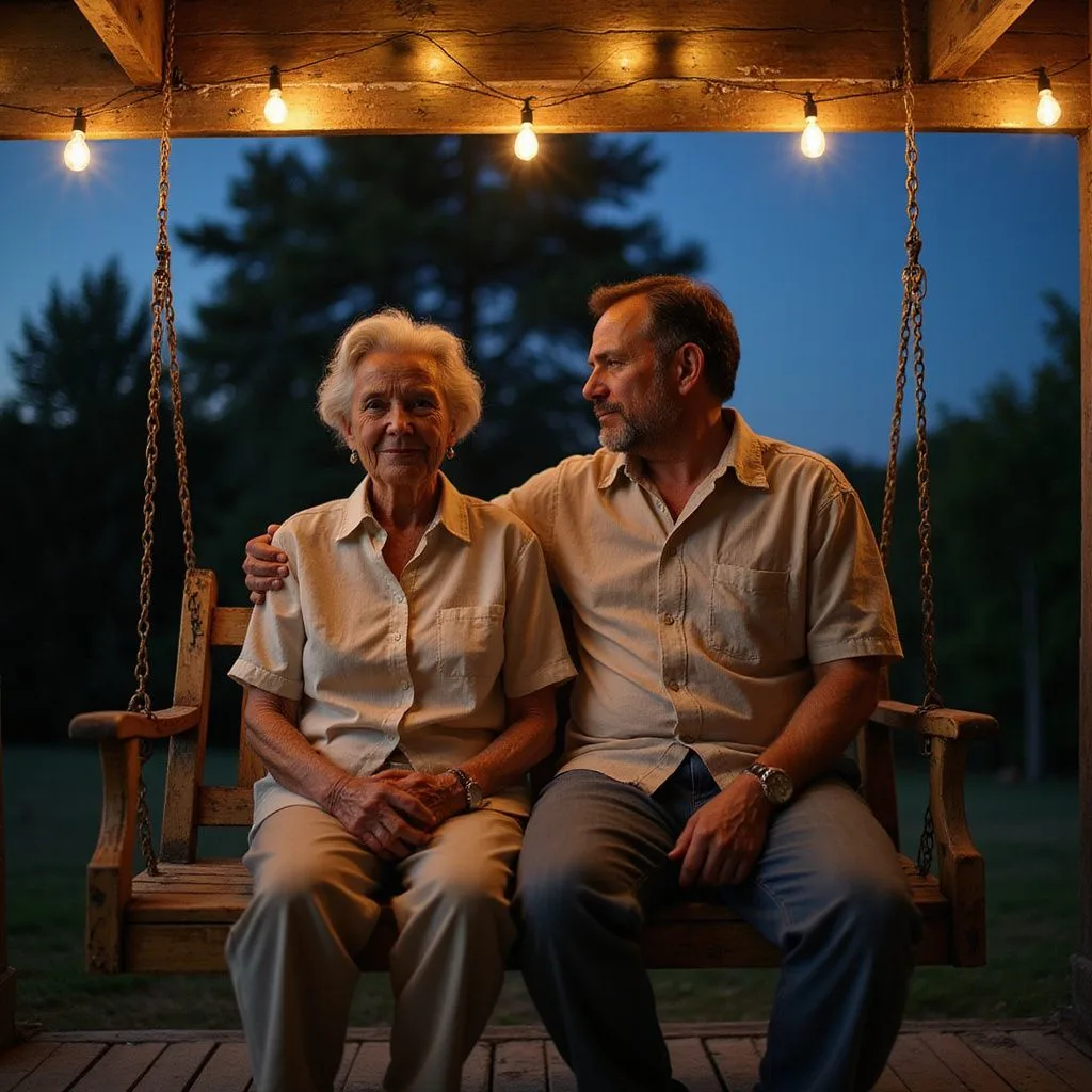 An elderly woman and a man relax together on a porch swing.