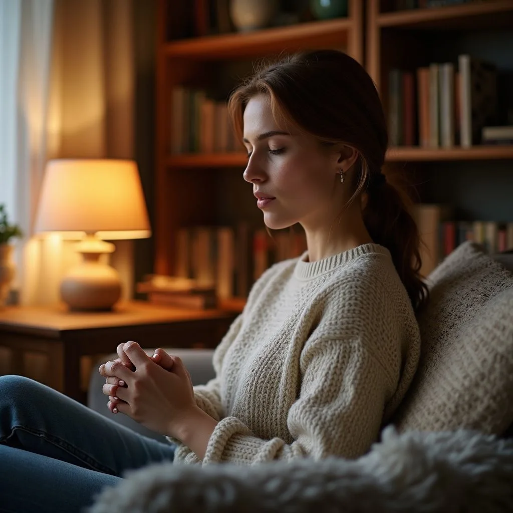 A woman peacefully prays in a cozy living room corner.