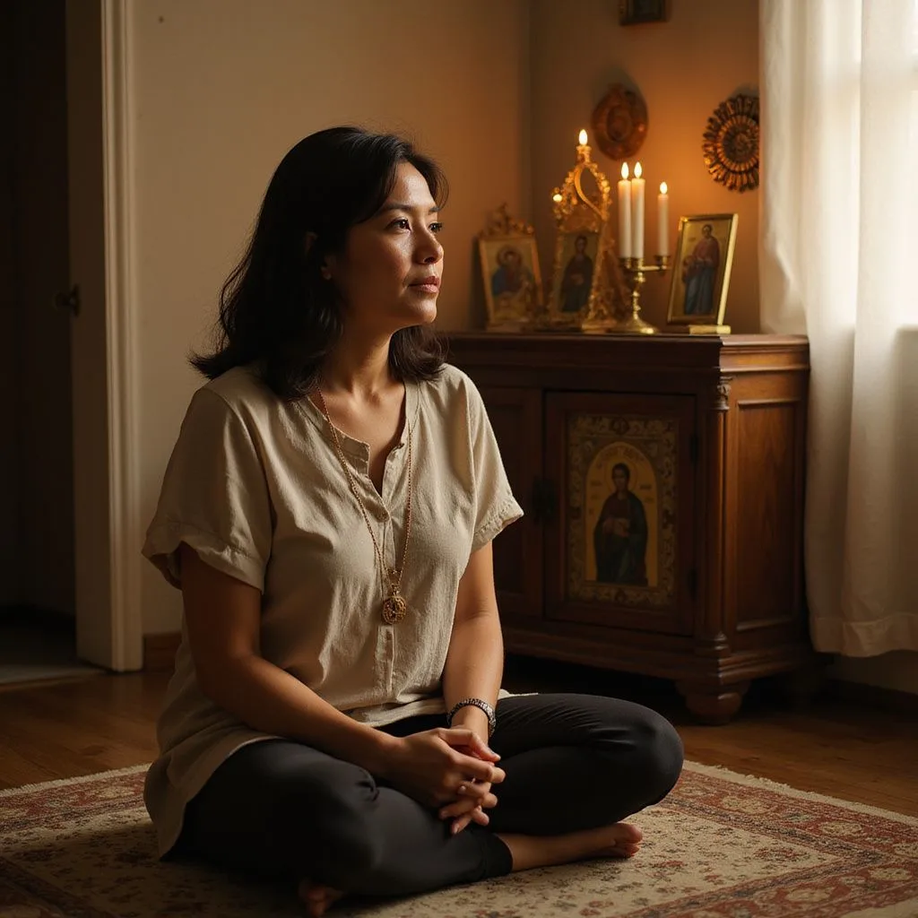 A woman prays quietly among religious icons for her husband's health.