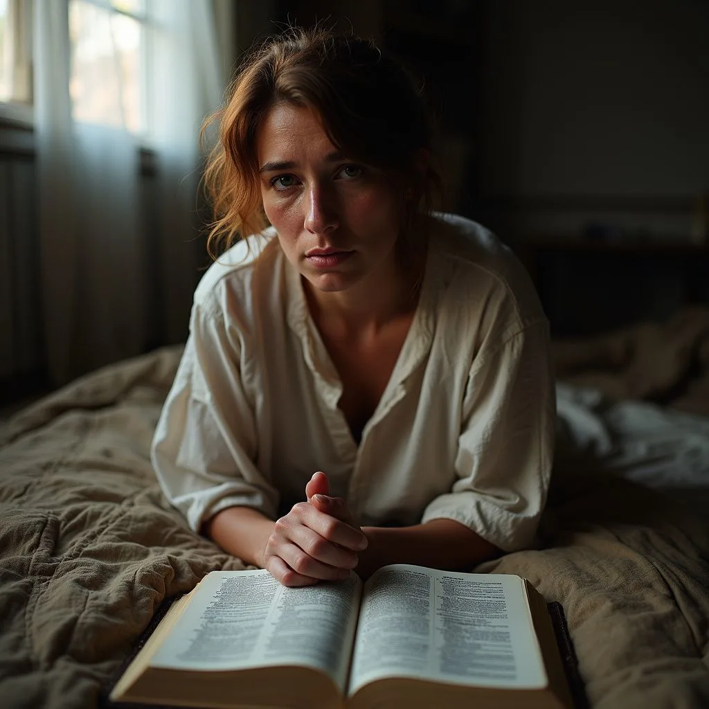 A woman kneels in prayerful hope, awaiting her husband&rsquo;s return.