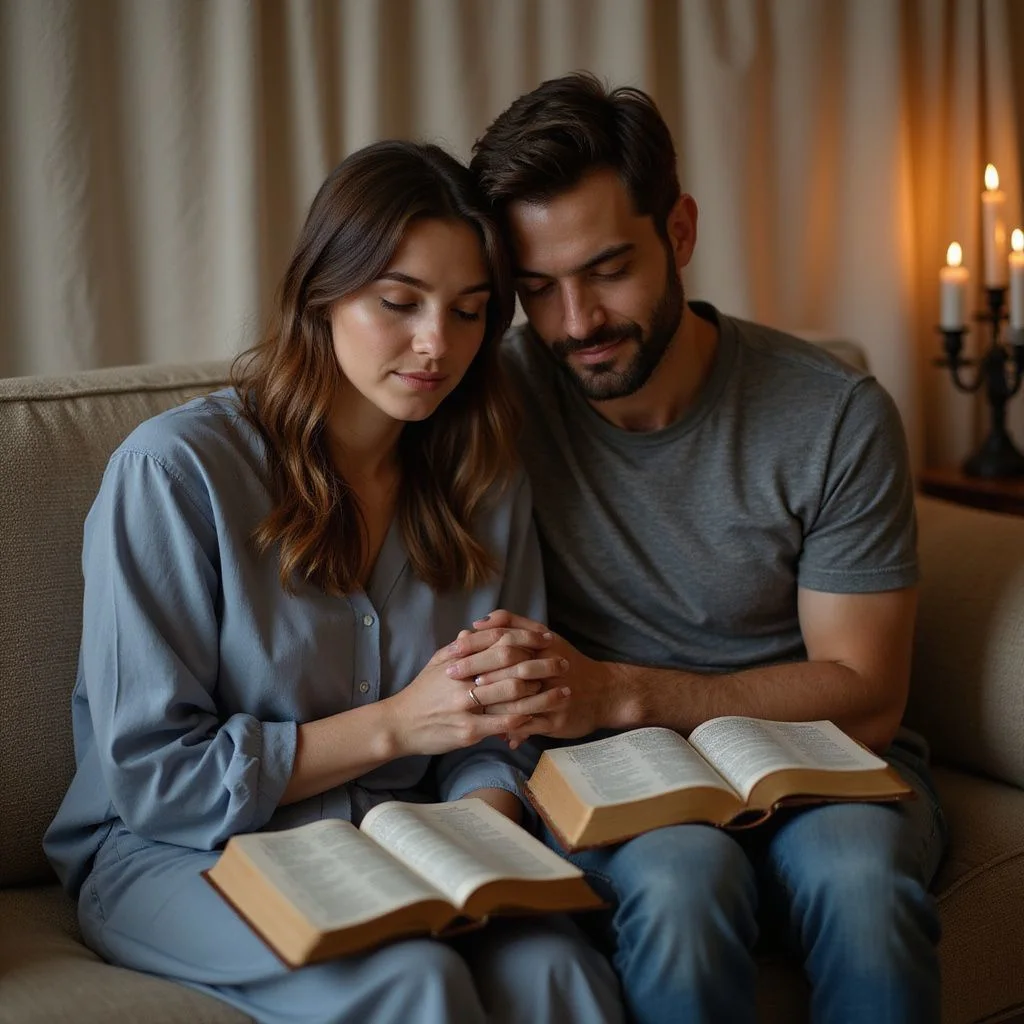 A couple shares a tender moment while reading their Bibles.