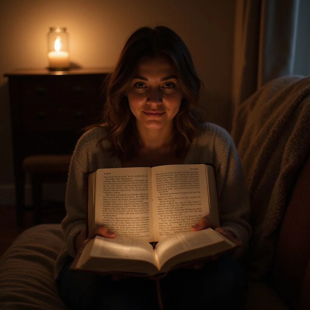 A woman peacefully reads a Bible about love and marriage.