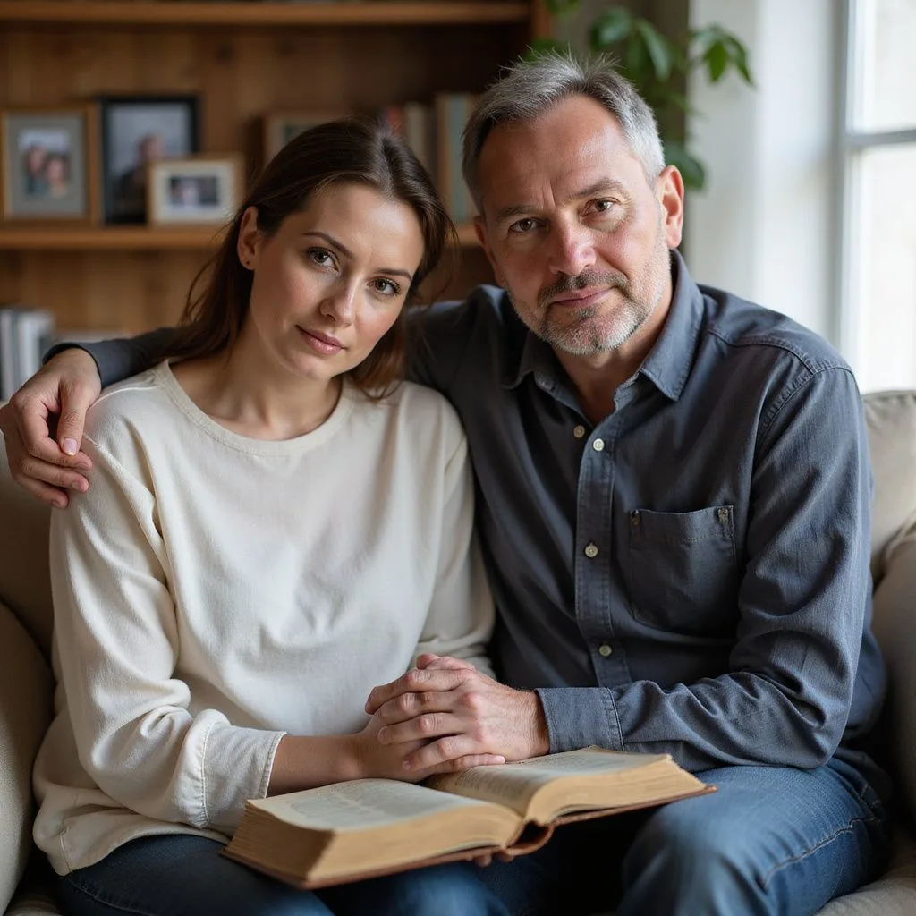 A couple shares an intimate moment while reading a Bible together.