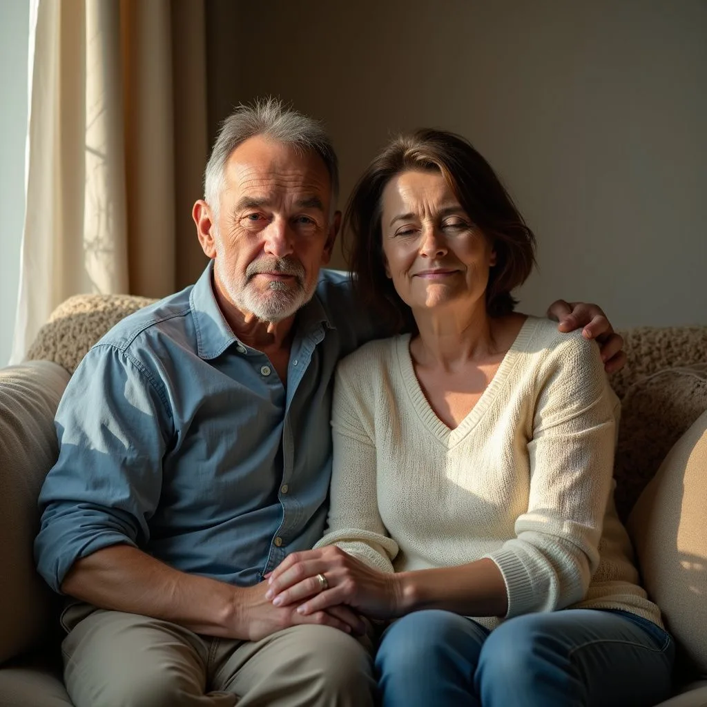 Middle-aged couple sits closely, holding hands in quiet contemplation.