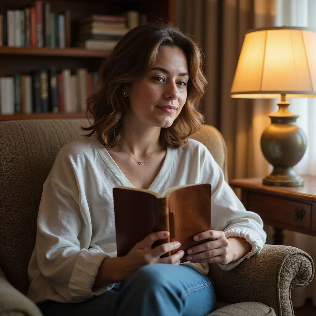 A thoughtful woman sits in a cozy living room with a journal.