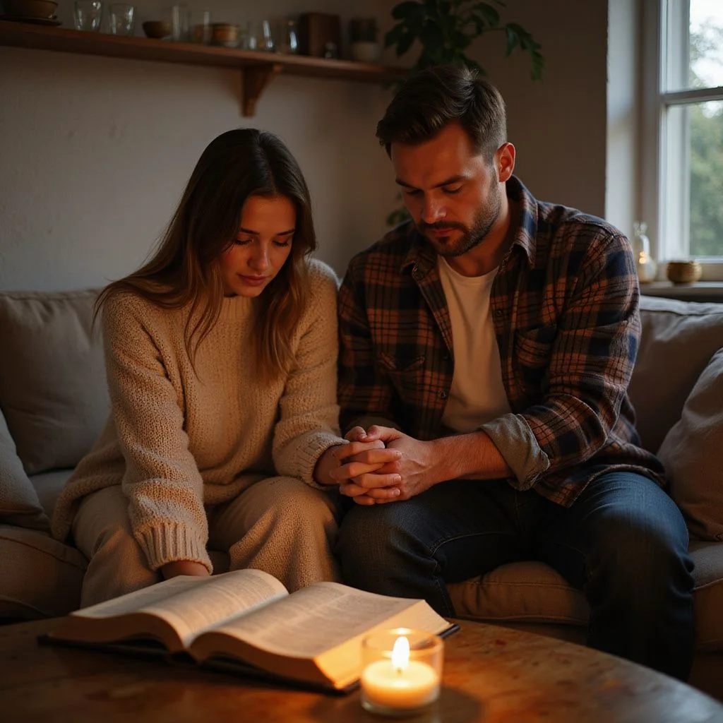 A couple prays together on a cozy sofa in their living room.