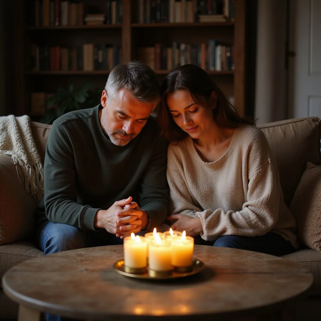 A couple sits closely in prayer on a cozy sofa.
