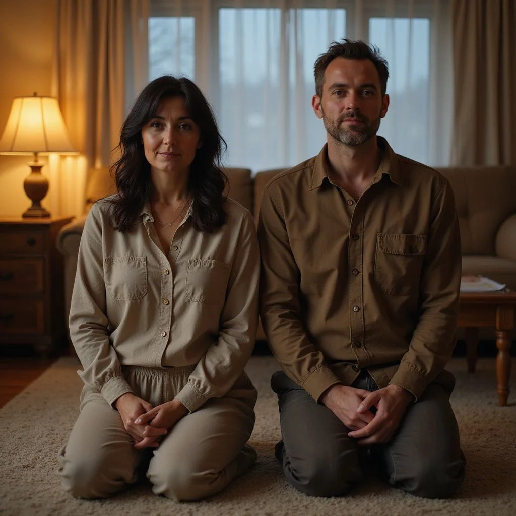 A woman and man kneel together in a serene living room.