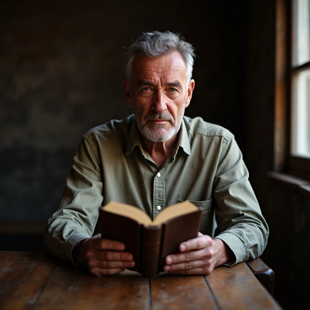 A middle-aged man prays with a worn Bible, expressing deep humility.