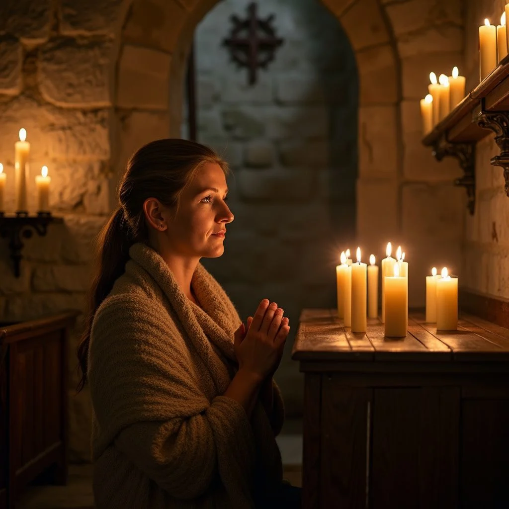 A woman kneels in a serene, candlelit chapel, expressing devotion.
