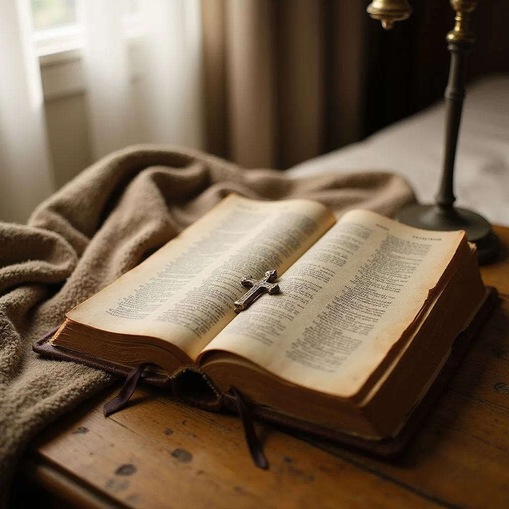 An open, weathered Bible rests on a polished nightstand.