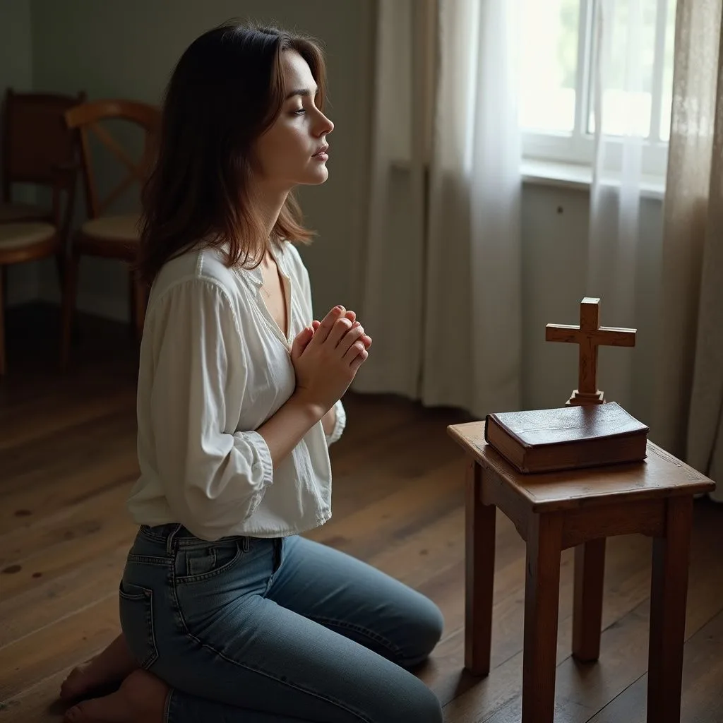 A woman kneels in contemplation beside a Bible and cross.