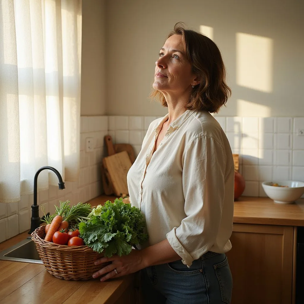 A middle-aged woman holds a basket of fresh vegetables in her kitchen.