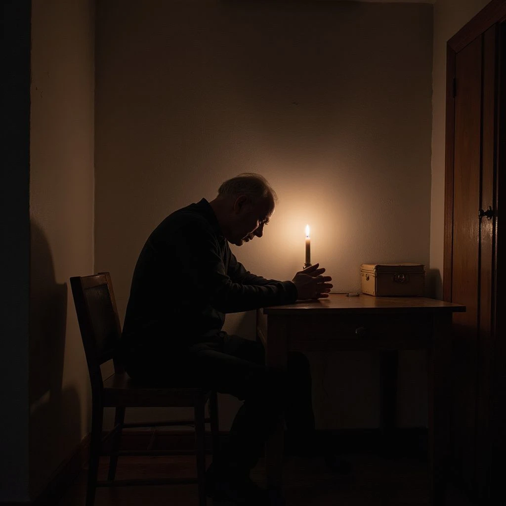 A man prays for strength and guidance in a simple room.