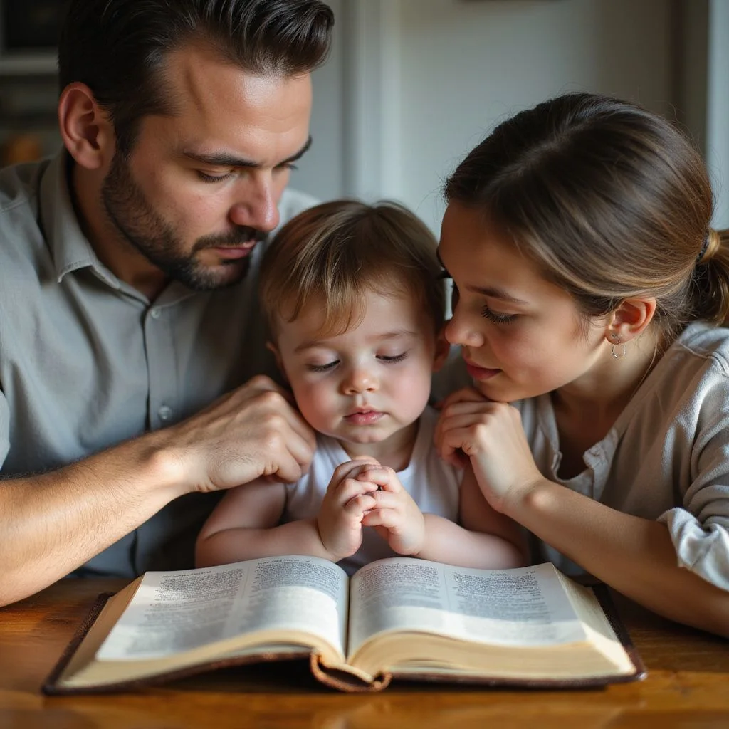 A family of three shares a moment of contemplation around a Bible.