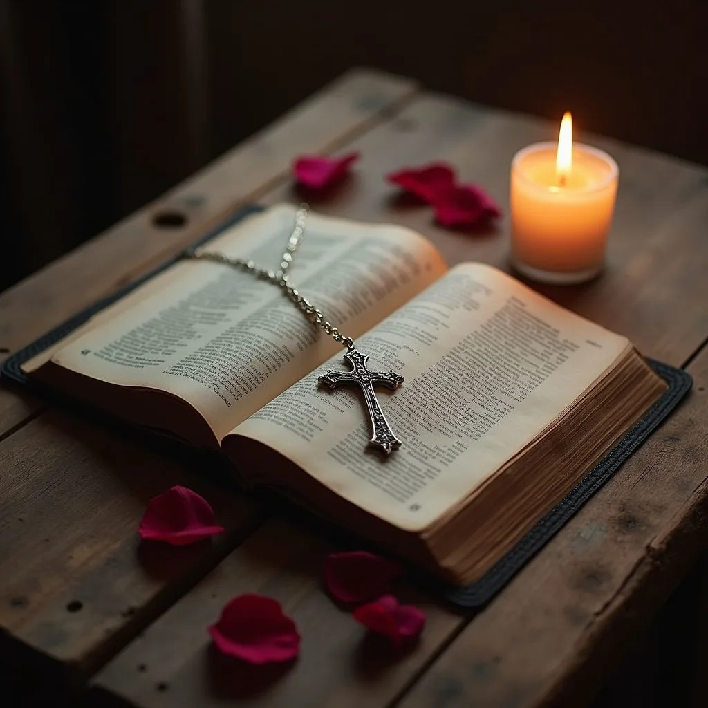 A candlelit scene with a Bible, rose petals, and a silver cross.
