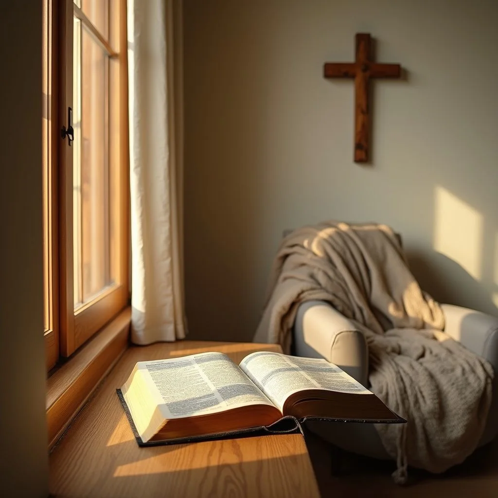 An open Bible rests on a wooden sill beside a simple cross.