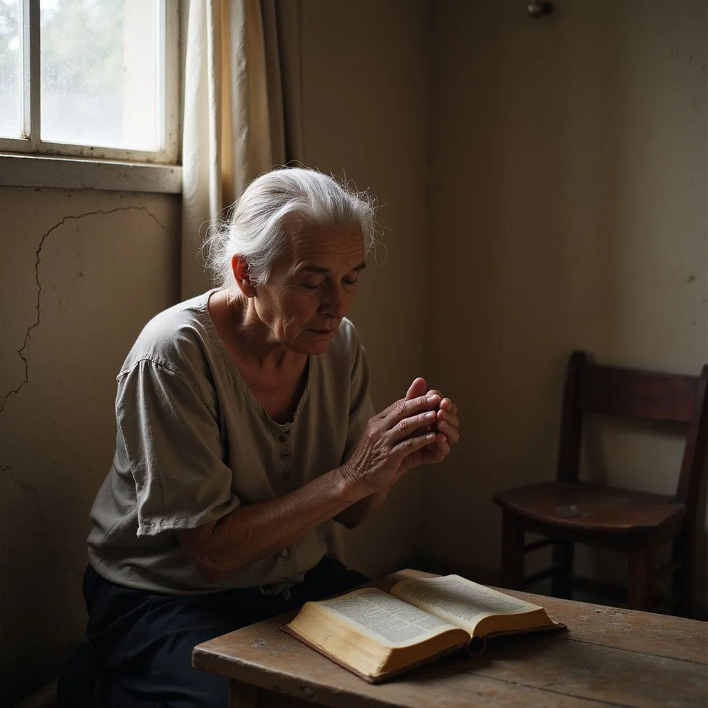 An elderly woman prays beside an open Bible in a modest room.