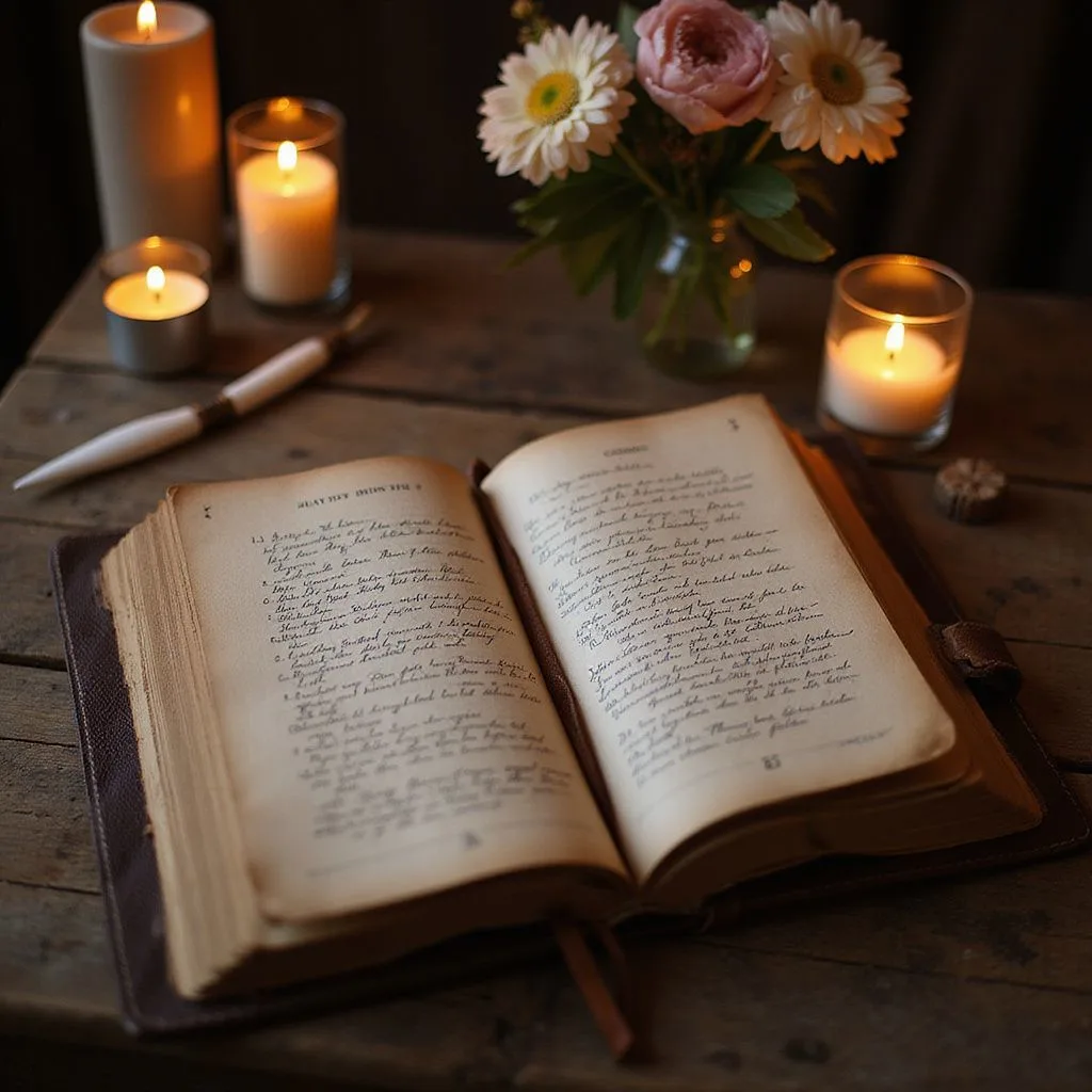 An open journal with handwritten prayers beside flowers and candles.
