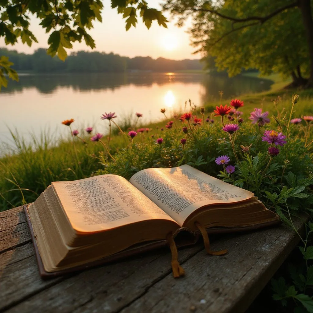 An open Bible rests on a weathered bench by a tranquil lake.
