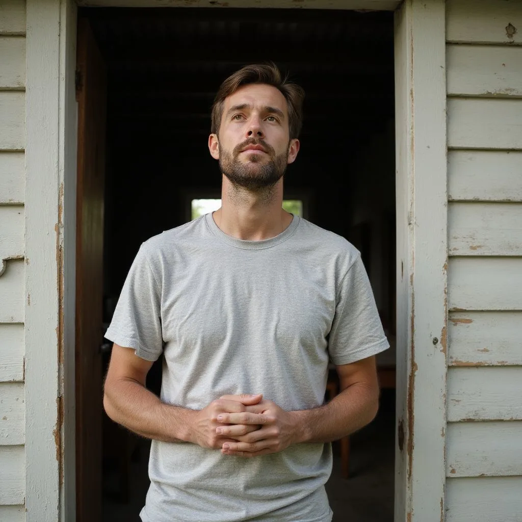 A man stands contemplatively at the doorway of an old house.
