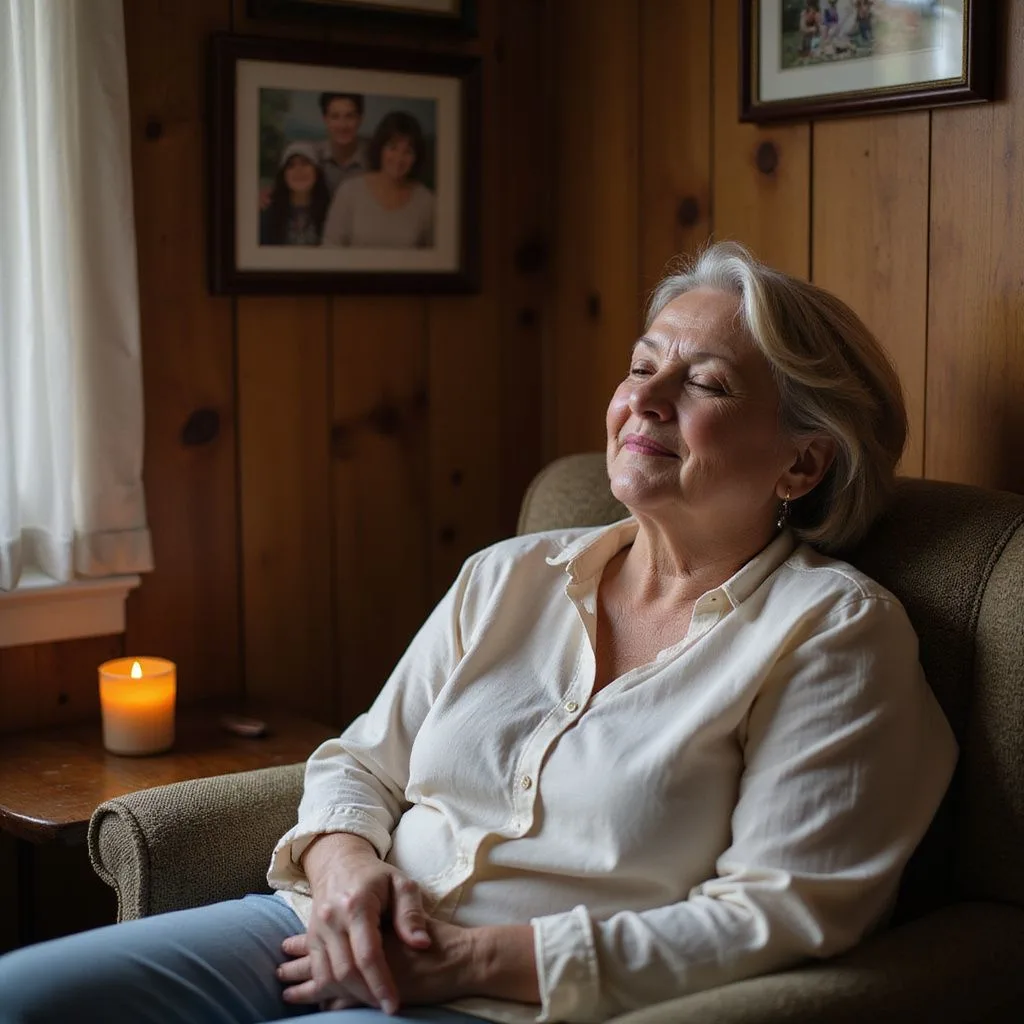 A serene middle-aged woman reflects quietly in a cozy room.
