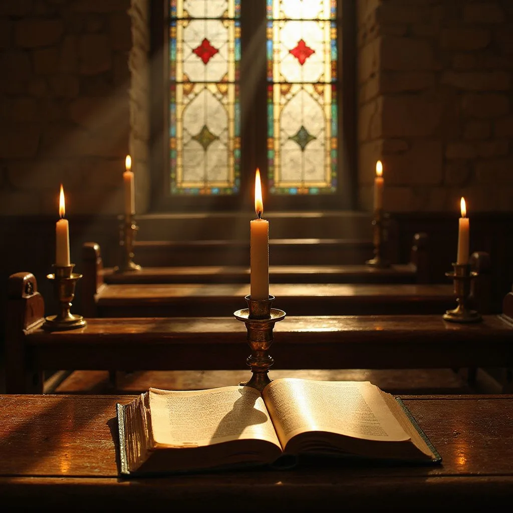 A serene chapel with stained glass windows and flickering candles.