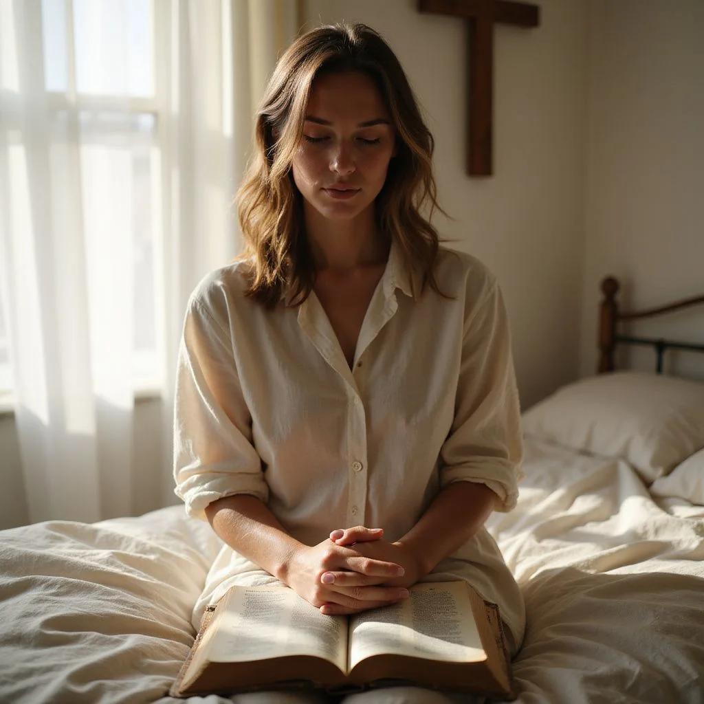 A woman sits in prayer with an open Bible on her lap.