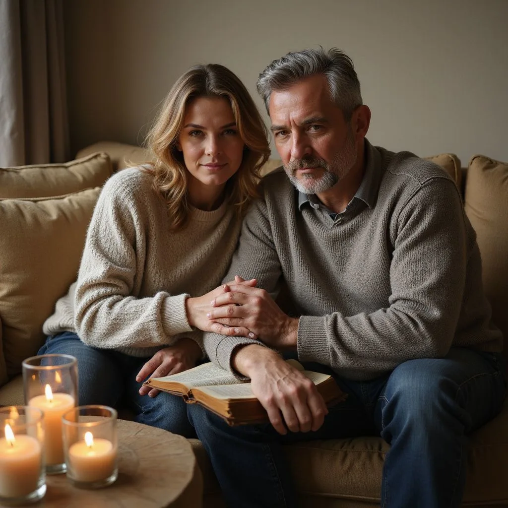 A couple shares a heartfelt moment discussing faith over a Bible.