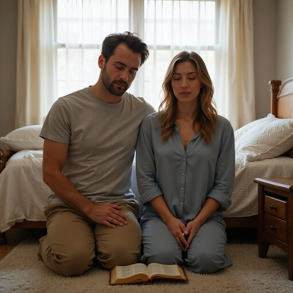 A devoted couple prays together on a carpeted bedroom floor.