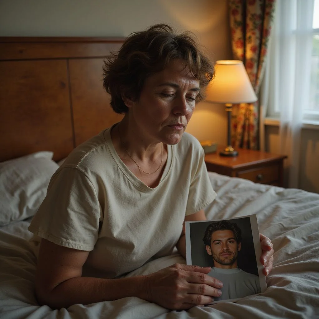 A woman kneels beside her bed, holding a photo of her husband.