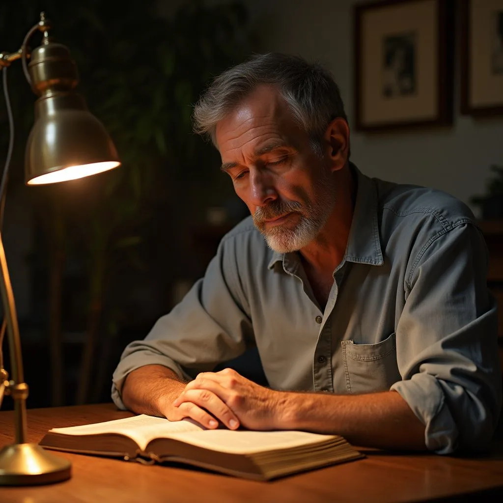 A contemplative man reads a worn Bible at an oak table.