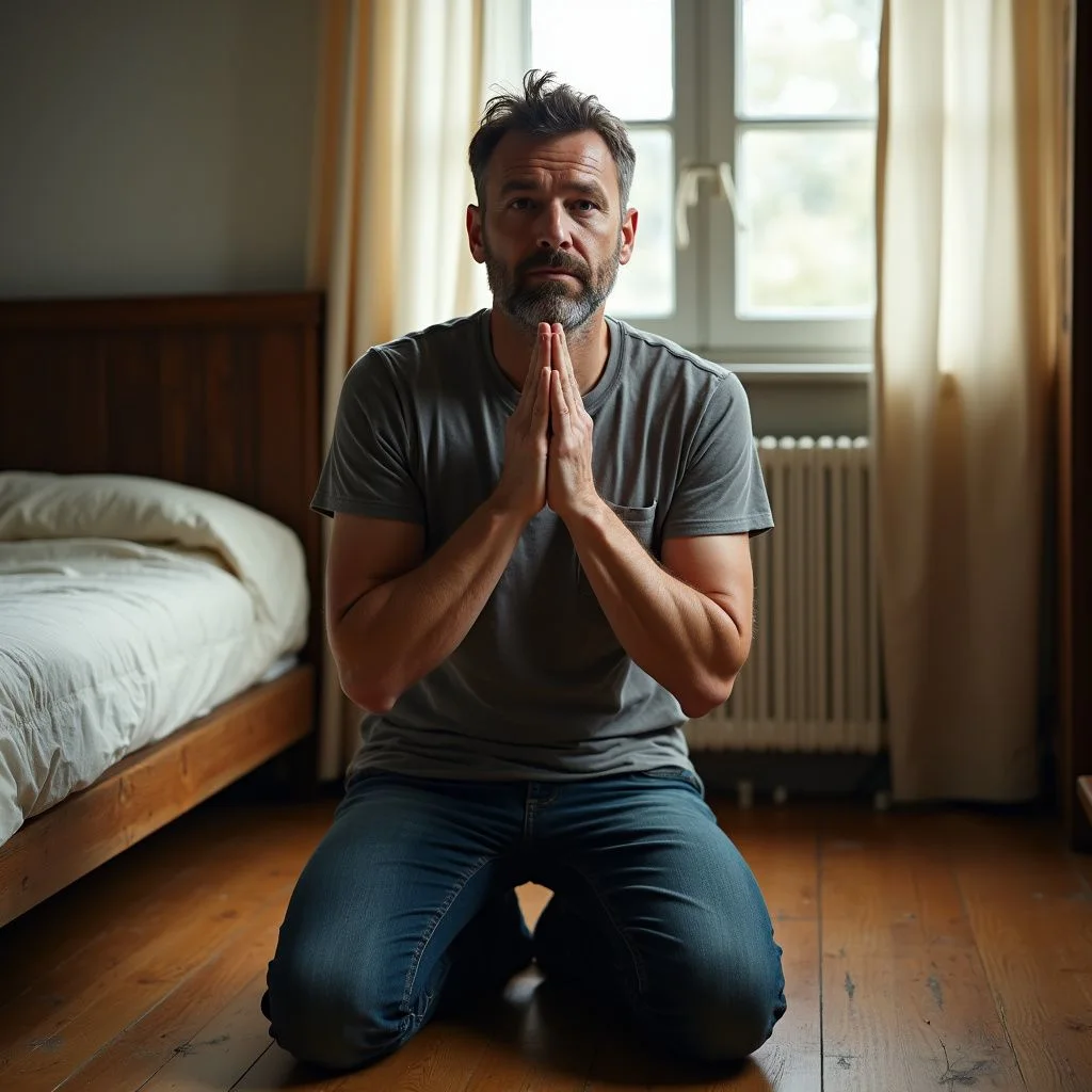 A man kneels in prayer on a hardwood floor in a bedroom.