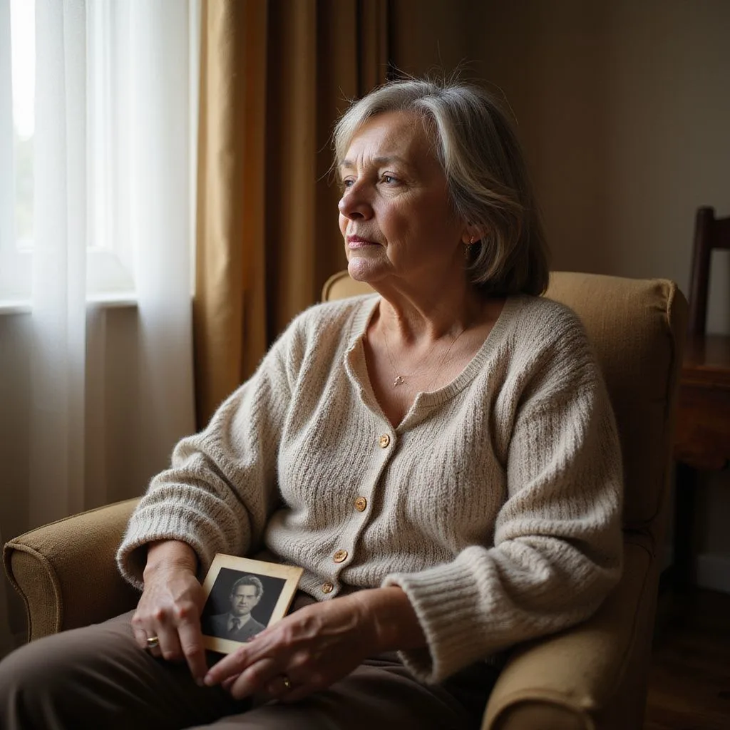 A serene middle-aged woman holds a worn photo of her husband.
