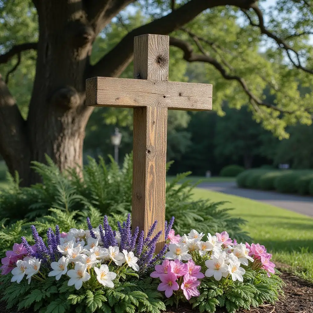 A weathered wooden cross stands surrounded by vibrant blooming flowers.