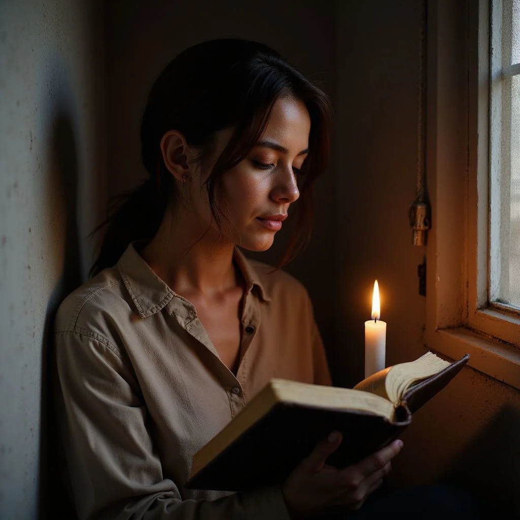 A contemplative woman cradles a weathered Bible in a cozy space.
