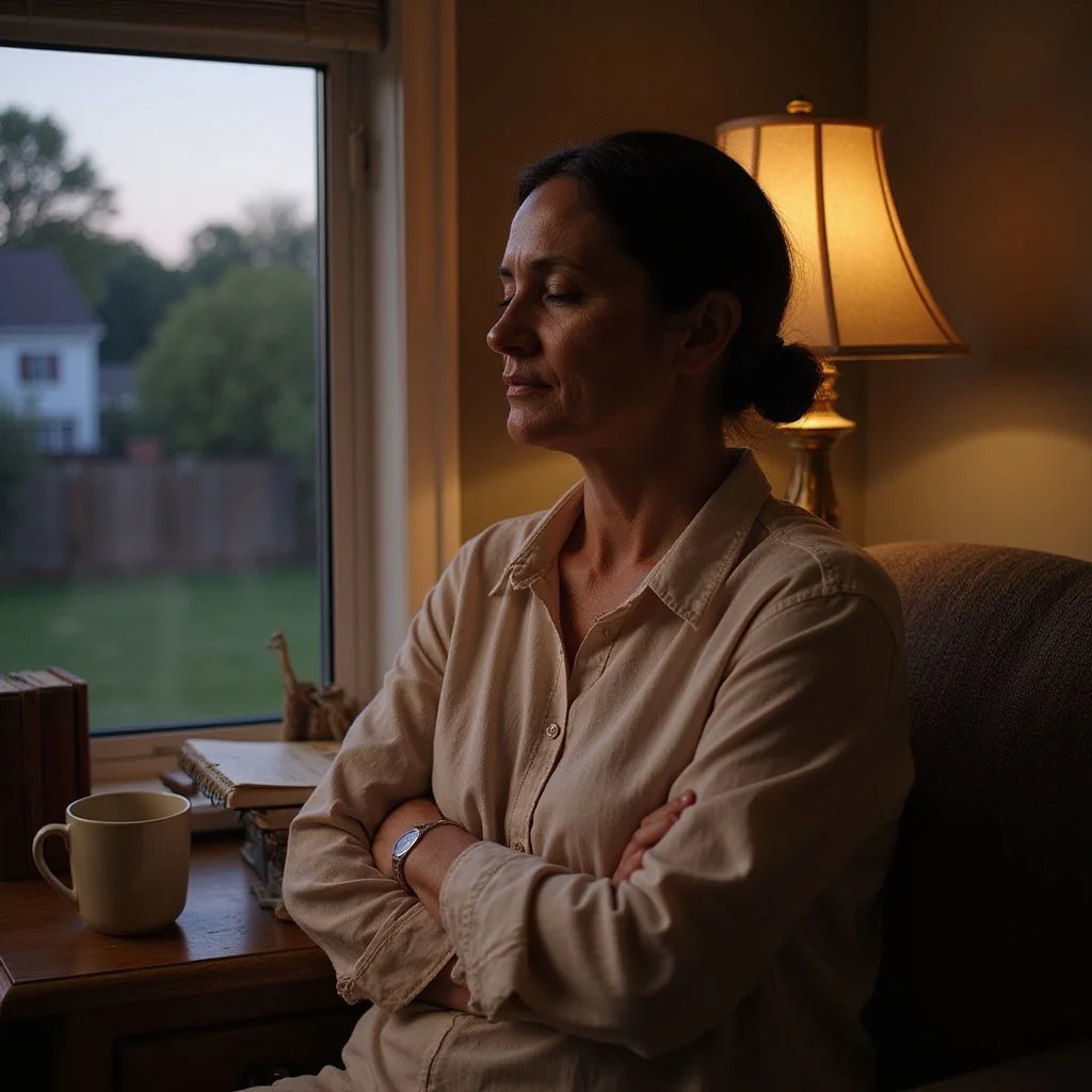 A woman meditates peacefully while awaiting her husband's work success.