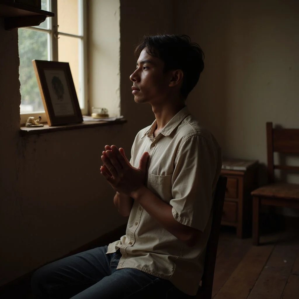 A person sits in prayer, embodying serene focus and reflection.