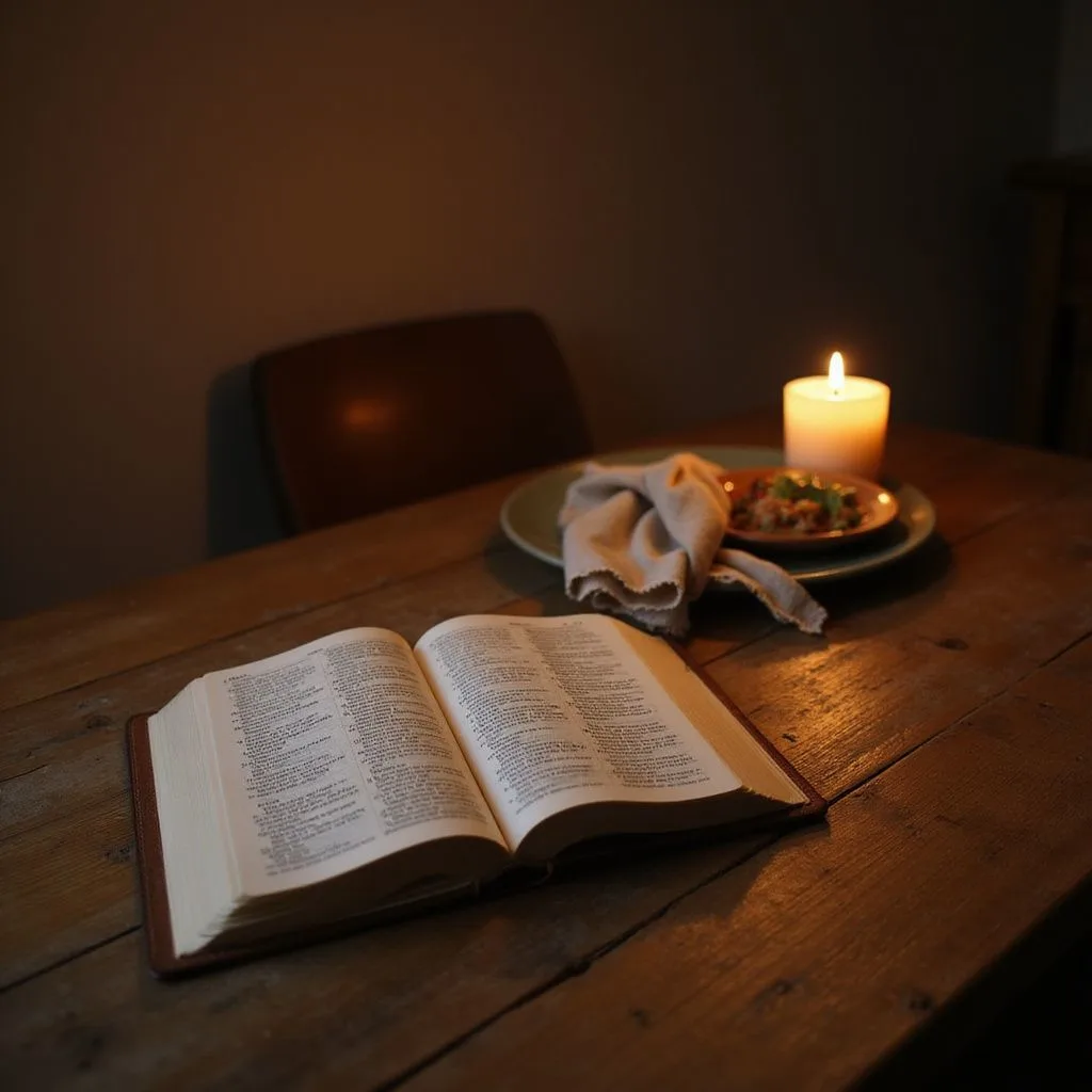A wooden table with a Bible, candle, and simple meal.