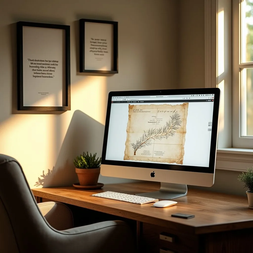 A serene home office features a polished oak desk and framed prints.