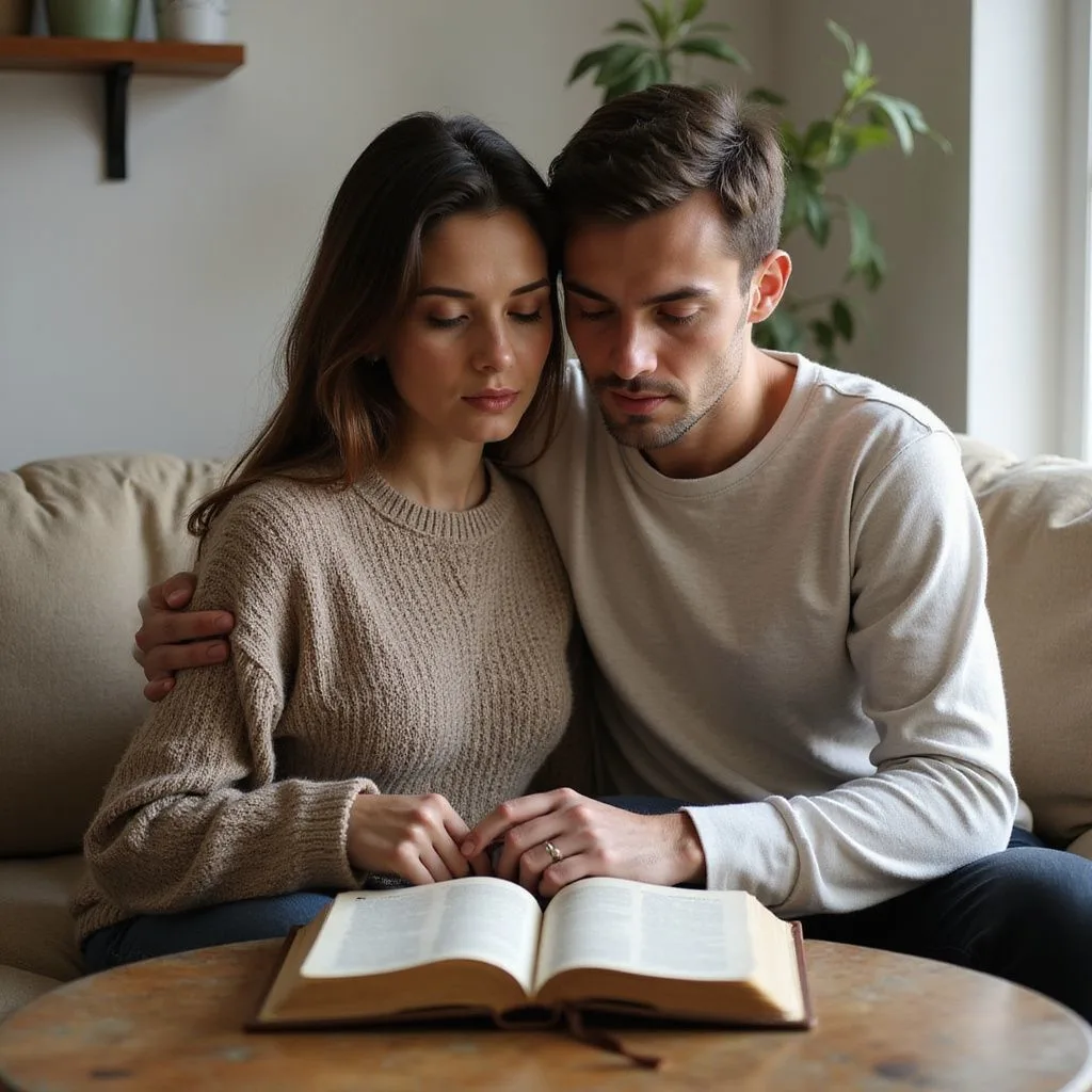 A couple shares a quiet moment of connection over their Bibles.