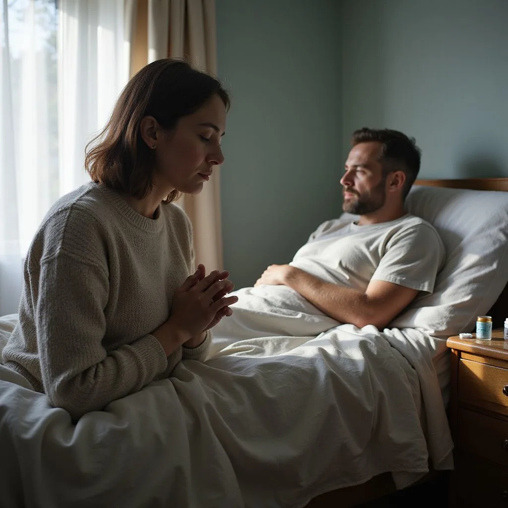 A woman prays beside her ill husband in a modest bedroom.
