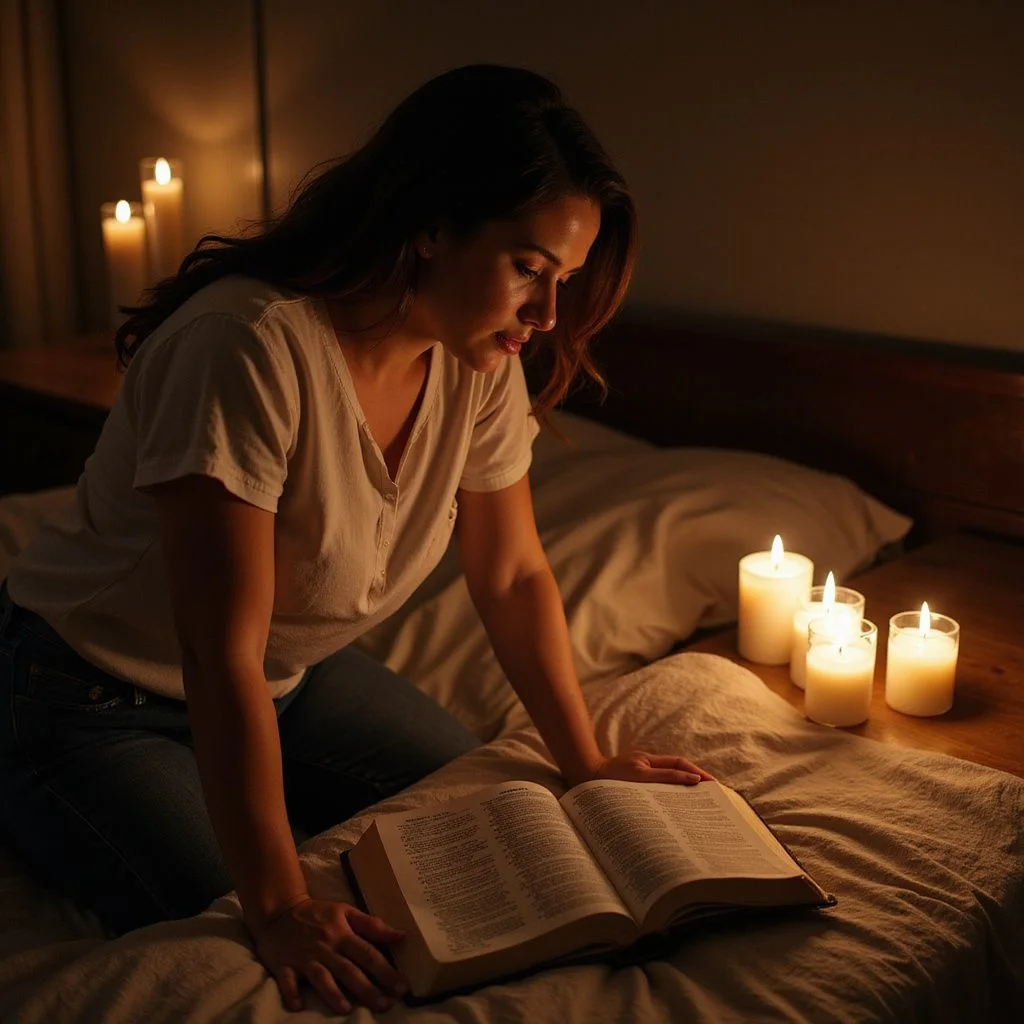 A woman kneels by her husband's bedside, expressing care and contemplation.
