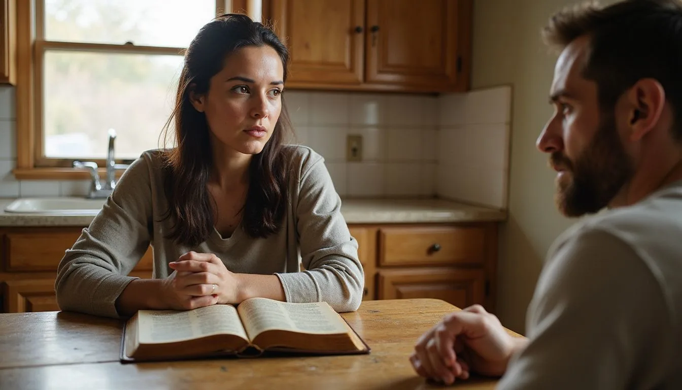 A woman calmly holds a Bible while her husband appears frustrated.