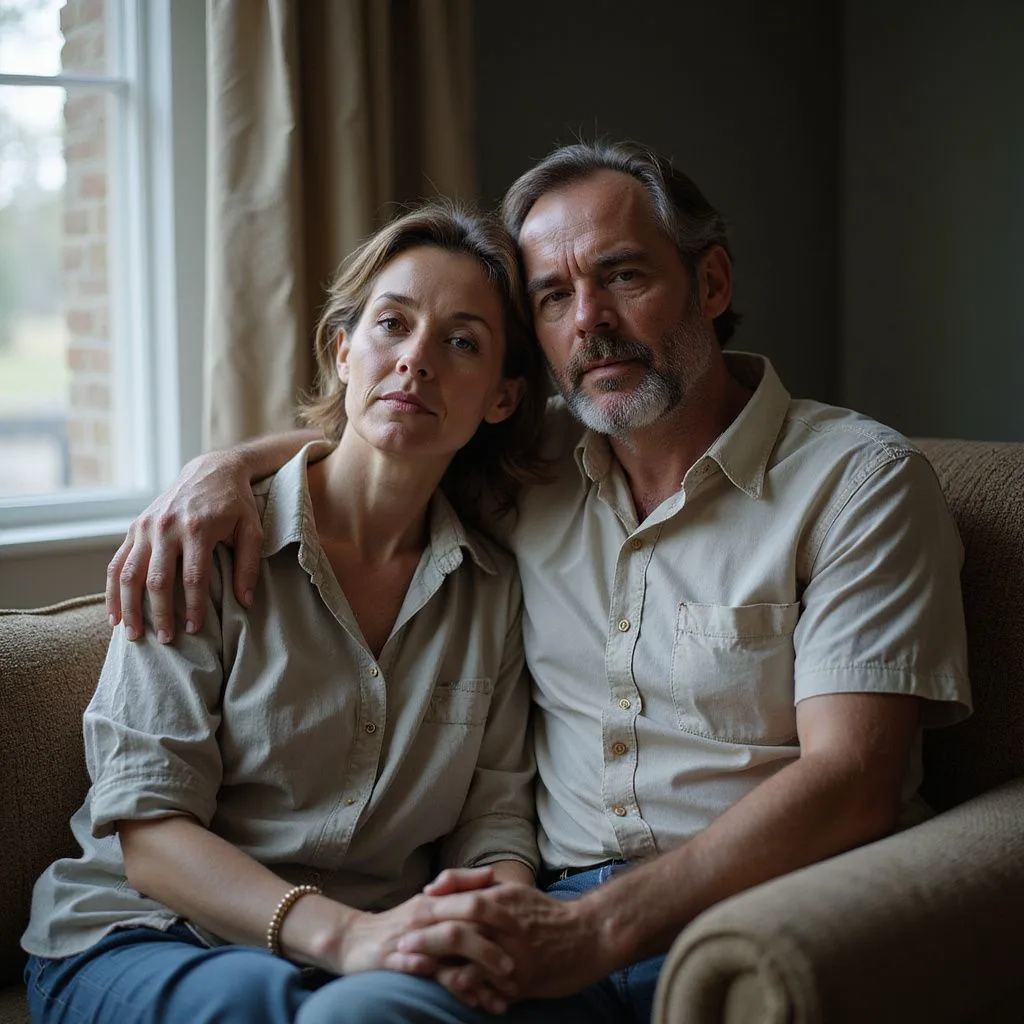 A couple shares an intimate moment on a worn couch.