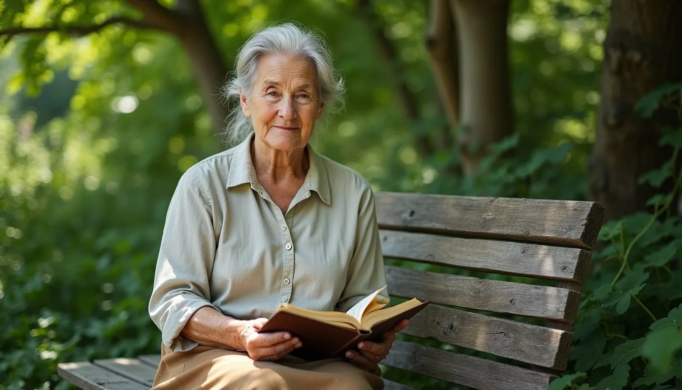 An elderly woman peacefully reads a worn Bible in a garden.